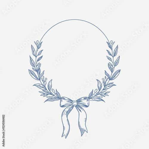 Botanical blue wedding frame or wreath on white background. Hand drawn floral, flower, leaf branch in toile de jouy style. Line art for wedding, monogram, invitation, greeting, logo, birthday cards