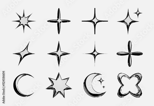 set, collection of metal chrome Y2k elements. pack of retro futuristic, geometric and brutalism forms, stars, sticker. Set of 3d geometric shapes, black and white elements for logo, card, poster