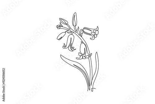 Single one line drawing beauty fresh bulbous perennial plant for home decor wall art poster print. Printable decorative bluebell flower concept. Continuous line draw design graphic vector illustration