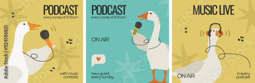 Podcast cover set with funny character - goose. Templates for podcast show or channel.  Vector flat illustrations - geese, microphones and headphones.