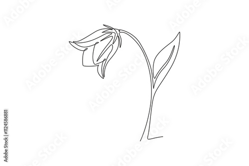 Single one line drawing of beauty fresh perenial plant for home art wall decor poster print. Printable decorative bluebell flower card ornament. Continuous line draw design graphic vector illustration