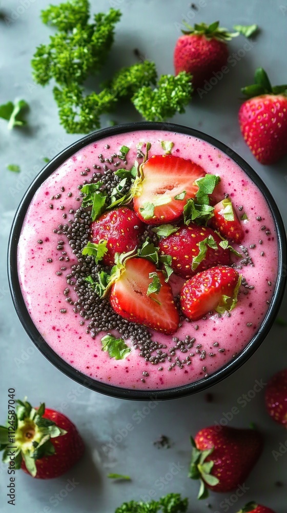 Strawberry Smoothie Bowl Topped with Fresh Ingredients in Bright Natural Light Strawberry Smoothie Bowl Topped with Fresh Ingredients in Bright Natural Light