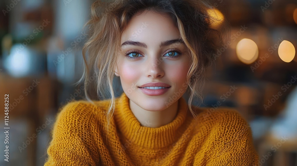 Cheerful young woman in yellow sweater smiling in cozy living space with warm lighting and modern decor Cheerful young woman in yellow sweater smiling in cozy living space with warm lighting and modern decor
