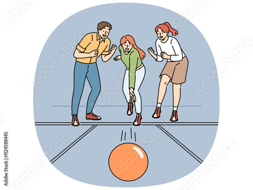 Cheerful friends play bowling together and support girlfriend thrower ball, wants to knock down pins. Young women and man visitors to bowling club experience excitement while playing