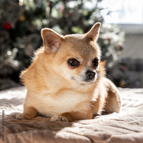 A square photo shows a small ginger dog Chihuahua lying on a bed on a beige velour bedspread against the background of a Christmas tree and looking coquettishly sideways. photo