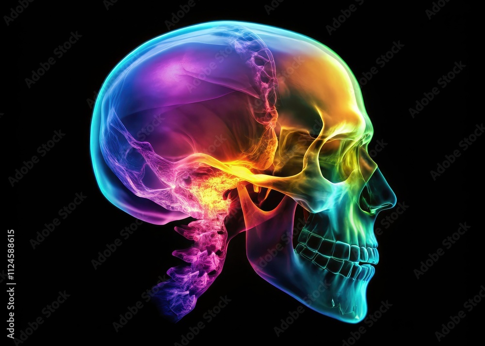 Skull X-Ray, Lateral View, Medical Imaging, Human Anatomy, Black Background, High-Resolution, Fashion Photography, Bone Structure, Radiography Skull X-Ray, Lateral View, Medical Imaging, Human Anatomy, Black Background, High-Resolution, Fashion Photography, Bone Structure, Radiography