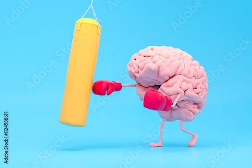 Cartoon brain wearing boxing gloves hitting a punching bag photo