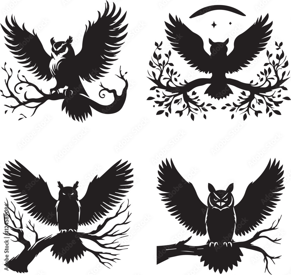 Obraz premium Owl Silhouettes on Branches - Adobe Stock Vector Illustrations