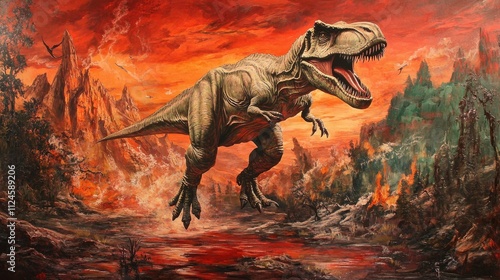 Tyrannosaurus Rex in fiery prehistoric landscape.