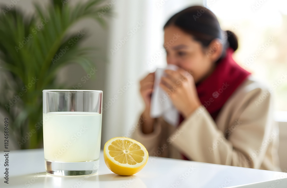 Glass of antipyretic medications for colds and flu. Sick man in a chair being treated at home. Glass of antipyretic medications for colds and flu. Sick man in a chair being treated at home.