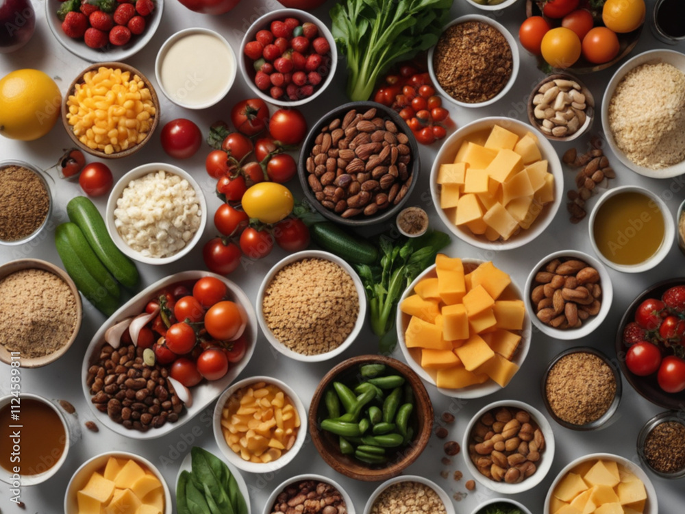 Assorted Healthy Foods on a White Table – Flat Lay View Assorted Healthy Foods on a White Table – Flat Lay View