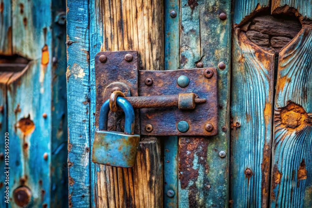 A Close-Up of a Large Blue Iron Lock on a Rustic Wooden Door, Highlighting the Texture of the Paint and the Strength of the Metal, Ideal for Themes of Security and Protection A Close-Up of a Large Blue Iron Lock on a Rustic Wooden Door, Highlighting the Texture of the Paint and the Strength of the Metal, Ideal for Themes of Security and Protection