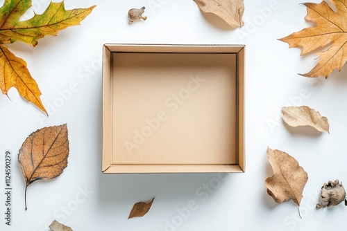 Empty craft box surrounded by autumn leaves on a white background