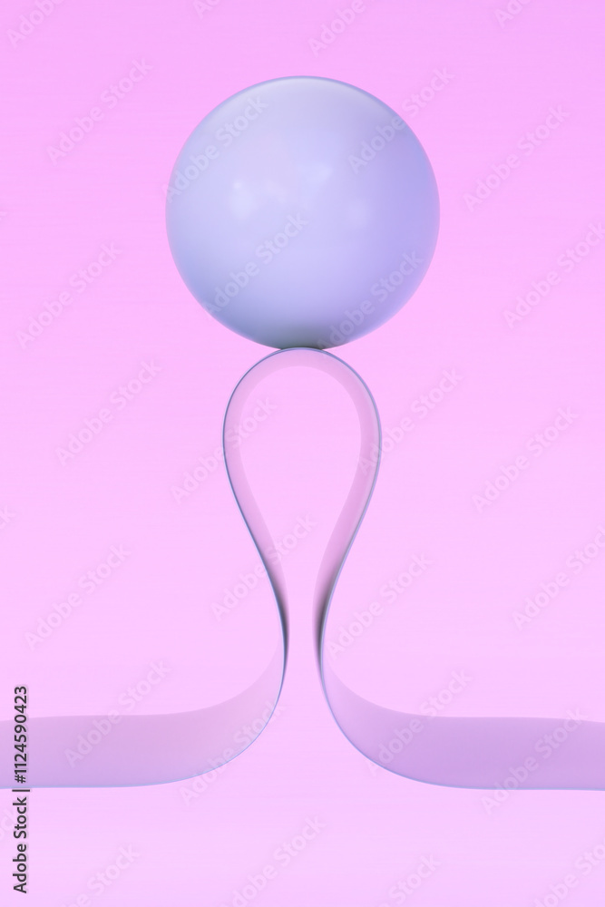 Abstract 3D composition with a sphere balanced on a curved shape against a purple gradient background. Abstract 3D composition with a sphere balanced on a curved shape against a purple gradient background.