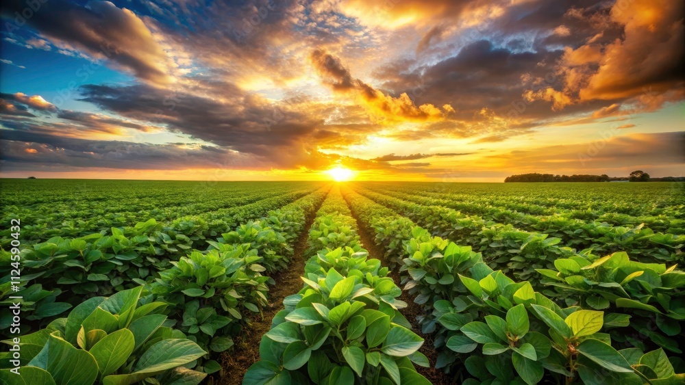 Sunset Soy Field Photography: Wide Angle Green Soybean Plants at Golden Hour Sunset Soy Field Photography: Wide Angle Green Soybean Plants at Golden Hour