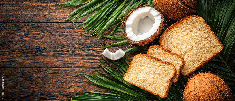 A flat lay of sliced bread, coconut pieces, and palm leaves on a rustic wooden surface, creating a tropical, fresh, and appetizing scene. A flat lay of sliced bread, coconut pieces, and palm leaves on a rustic wooden surface, creating a tropical, fresh, and appetizing scene.