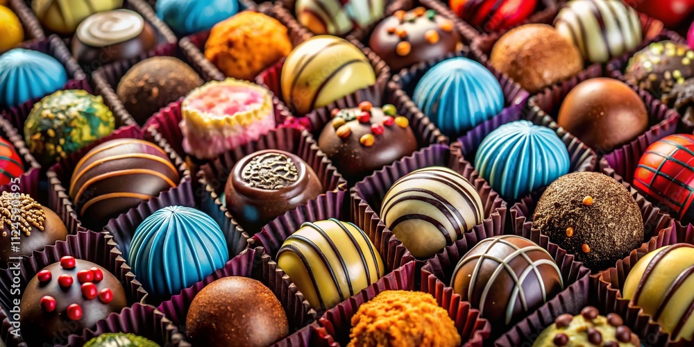 A Close-Up Panoramic Shot of Exquisite Handmade Artisan Milk and Dark Chocolate Truffles and Bonbons Beautifully Arranged in a Luxurious Gift Box A Close-Up Panoramic Shot of Exquisite Handmade Artisan Milk and Dark Chocolate Truffles and Bonbons Beautifully Arranged in a Luxurious Gift Box