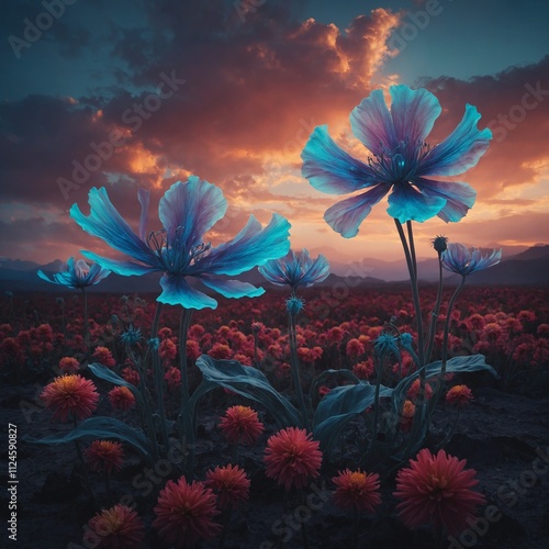 Giant fantasy flowers with glowing petals in a surreal alien landscape.