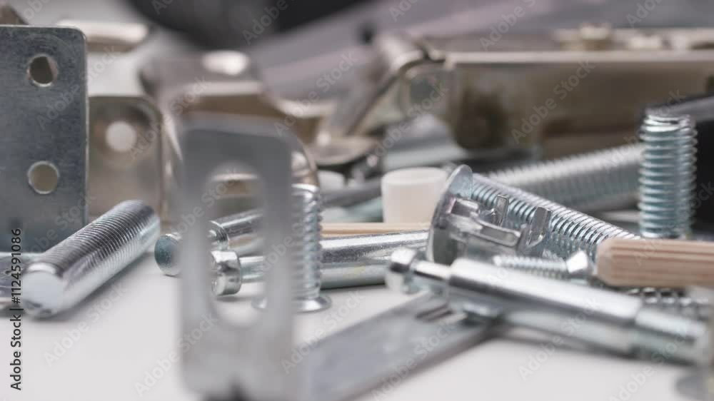 Filmed in macro, the camera glides over screws, hinges, and dowels used for furniture assembly, showcasing precise details of the parts. Filmed in macro, the camera glides over screws, hinges, and dowels used for furniture assembly, showcasing precise details of the parts.