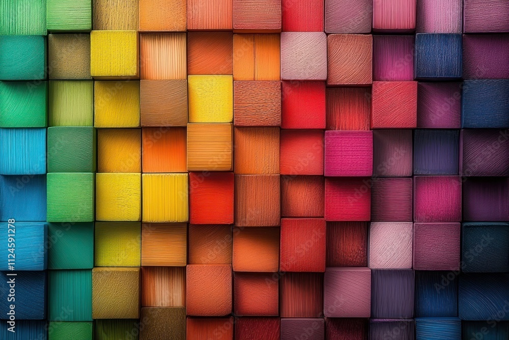 Vibrant Wooden Blocks Mosaic with Gradient Spectrum of Colorful Wooden Squares Vibrant Wooden Blocks Mosaic with Gradient Spectrum of Colorful Wooden Squares