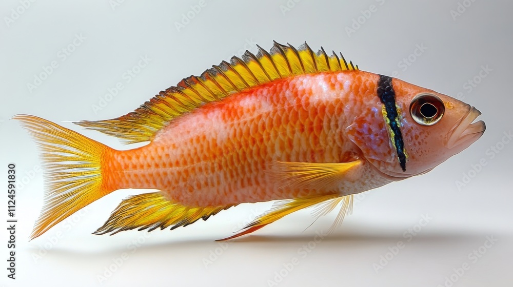 Fototapeta premium Vibrant Orange and Yellow African Cichlid Fish Swimming Gracefully Side Profile Against Soft Background