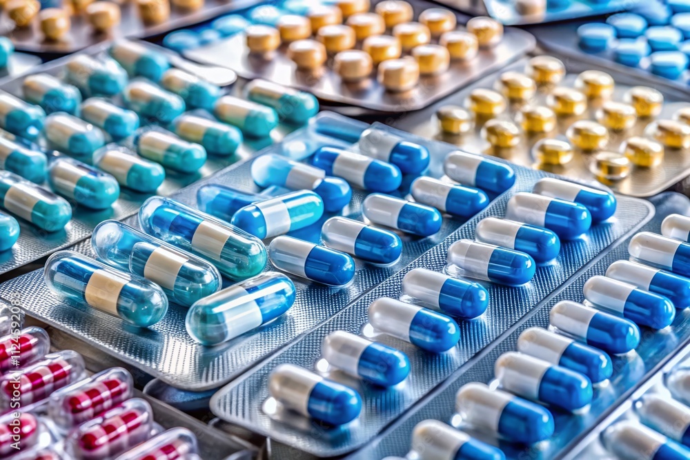 Obraz premium A Colorful Collection of Pills in Plastic Packaging Representing Healthcare and Medicine Concepts in Architectural Photography Style