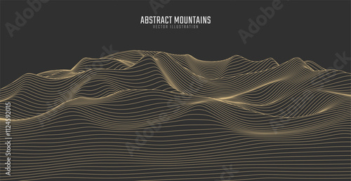 Contour mountain landscape. Waved line art. Abstract minimal topographic map. Contour lines with elevations and terrain depth. Vector illustration.