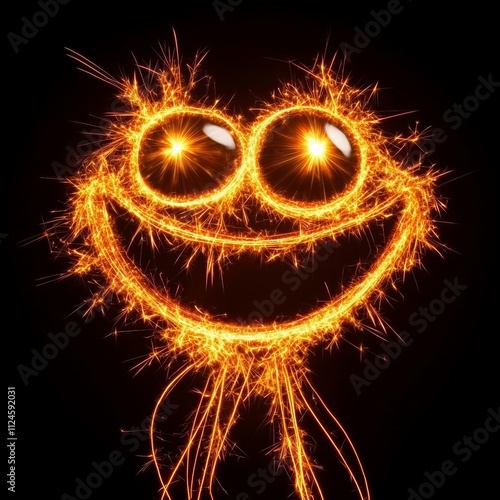 Happy weird smiling smiley drawn with sparkles isolated on black , isolated on white background,  , copy space, copy space for text, photo