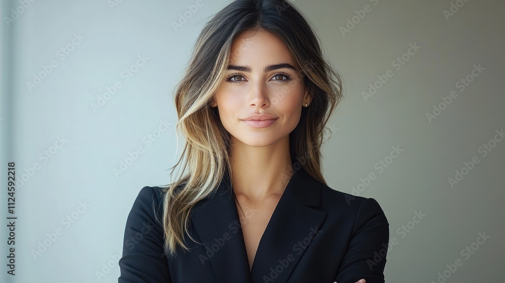 Professional Businesswoman in Black Suit with Long Dark Hair Standing in Minimalistic Setting Professional Businesswoman in Black Suit with Long Dark Hair Standing in Minimalistic Setting