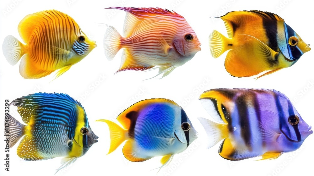 Colorful Tropical Fish Displaying Variety of Patterns and Vibrant Colors in Underwater Environment Colorful Tropical Fish Displaying Variety of Patterns and Vibrant Colors in Underwater Environment