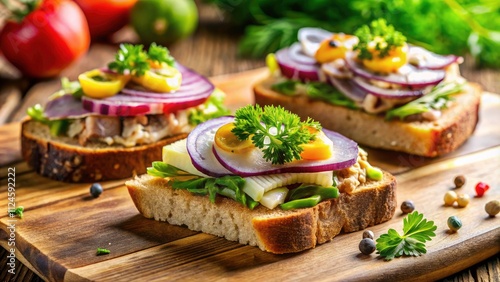 Tilt-Shift Surströmming Sandwiches: Miniature Food Photography, Swedish Fermented Herring, Close-up, Delicious, Yummy, Diorama photo