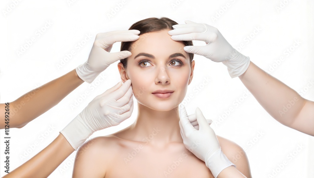 Naklejka premium Portrait young woman touched doctors gloves plastic surgery clean white background