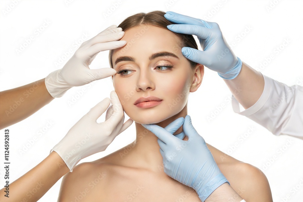 Portrait young woman touched doctors gloves plastic surgery clean white background Portrait young woman touched doctors gloves plastic surgery clean white background