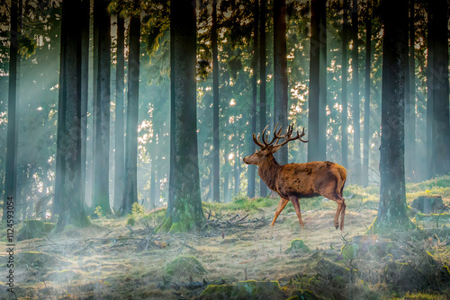 Majestic Red Deer Stag in Misty Forest photo