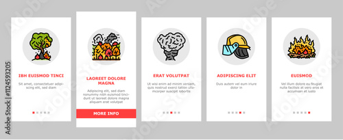 wildfire blaze firestorm burn onboarding mobile vector inferno flames, smoke heat, evacuation forest, ember ash drought, spark wildfire blaze firestorm burn illustrations