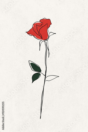 Minimalist line art drawing of a single red rose with a stem and two leaves, isolated on a white background.