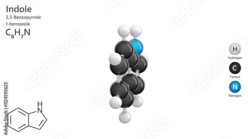 Indole. Aromatic heterocycle. Animated 3D model of a molecule. Molecular formula: C8H7N. Chemical model: Ball and stick. White background. 3D rendering. Seamless loop. photo