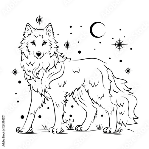 Linear drawing of a wolf on a moonlit night on a white background