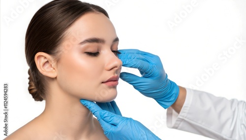 Portrait young woman touched doctors gloves plastic surgery clean white background rhinoplasty 