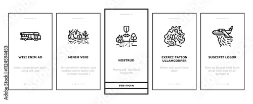 wildfire blaze firestorm burn onboarding mobile vector inferno flames, smoke heat, evacuation forest, ember ash drought, spark wildfire blaze firestorm burn illustrations
