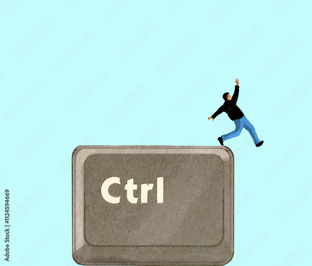 Illustration of a man slipping on an oversized control key. Illustration of a man slipping on an oversized control key.