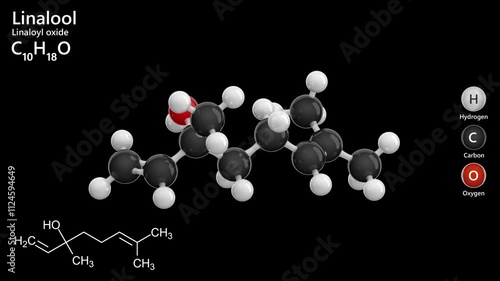 Linalool. Terpene alcohol. Animated 3D model of a molecule. Molecular formula: C10H18O. Chemical model: Ball and stick. Black background. 3D rendering. Seamless loop. photo