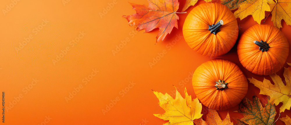 A vibrant autumn scene featuring three pumpkins surrounded by colorful fall leaves on an orange background. A vibrant autumn scene featuring three pumpkins surrounded by colorful fall leaves on an orange background.