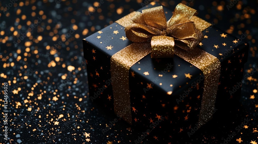 Christmas gift box with golden ribbon on a black background, flatlay mockup space , isolated on white background, , copy space, copy space for text, Christmas gift box with golden ribbon on a black background, flatlay mockup space , isolated on white background, , copy space, copy space for text,