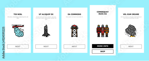 wildfire blaze firestorm burn onboarding mobile vector inferno flames, smoke heat, evacuation forest, ember ash drought, spark wildfire blaze firestorm burn illustrations