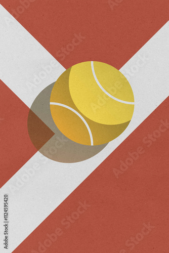 Illustration of a yellow tennis ball on a clay court with geometric lines photo