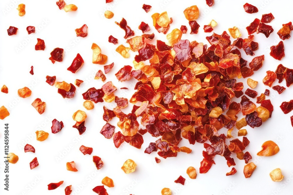 Red Chili Flakes Scattered on White Background with Dramatic Lighting and Texture Emphasis Red Chili Flakes Scattered on White Background with Dramatic Lighting and Texture Emphasis
