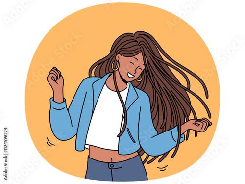 Dancing teenage girl enjoys rhythmic movements to music and swings long dreadlocks. Dancing ethnic woman in casual clothes, relaxing at disco or nightclub and dreams of becoming professional dancer