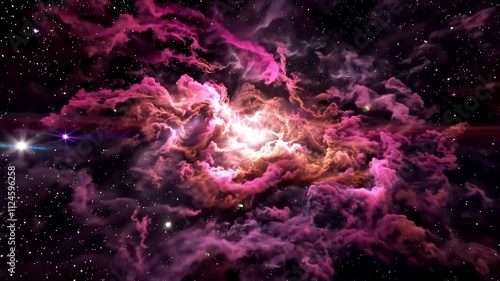 Bright pink and orange nebula cloud slowly reveals itself as the camera pans across the vastness of space, showcasing the beauty and mystery of the cosmos