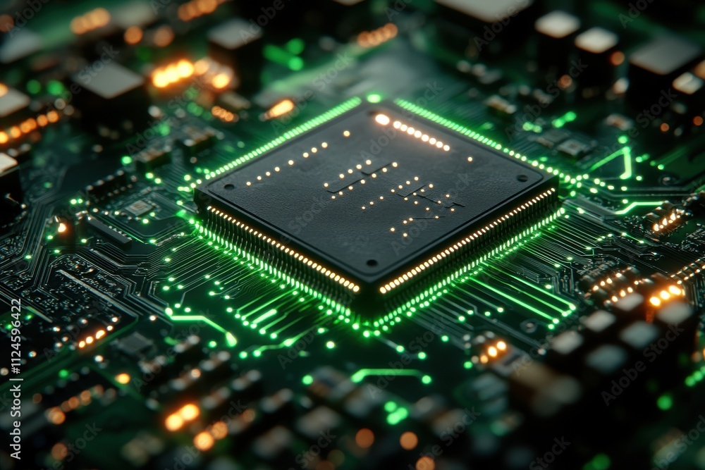 Fototapeta premium Close-up of a circuit board featuring a microchip and glowing green pathways.
